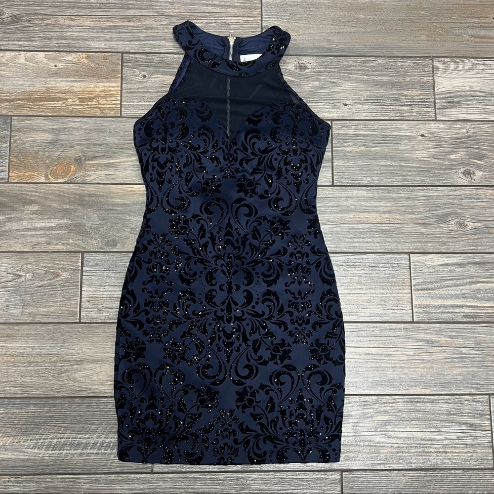 NEW Honey and Rosie Cocktail Mini Dress Size Small Navy with Black Velvet